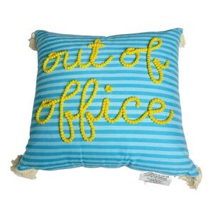 Out of Office Decorative Throw Pillow Blue Striped with Yellow Text Tasseled